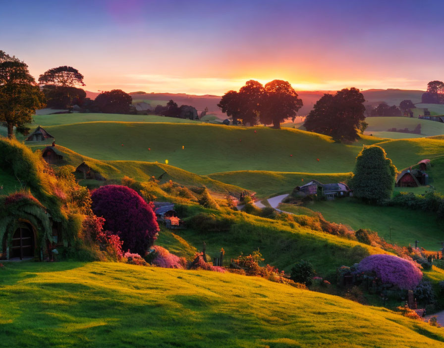 Scenic sunset view of green hills with hobbit-style houses and colorful flowers