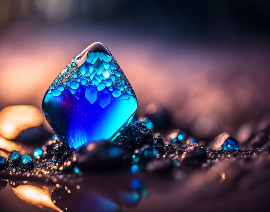 Luminous blue crystal held in hand against warm background