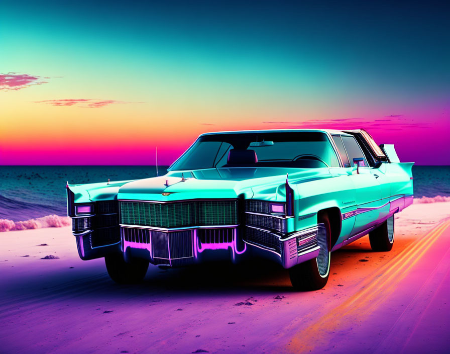 Classic Car with Neon Accents on Beach at Sunset in Pink and Blue Hues