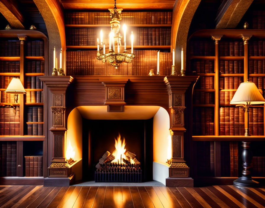 Classic Library with Fireplace, Wooden Bookshelves, Chandelier, and Warm Lighting