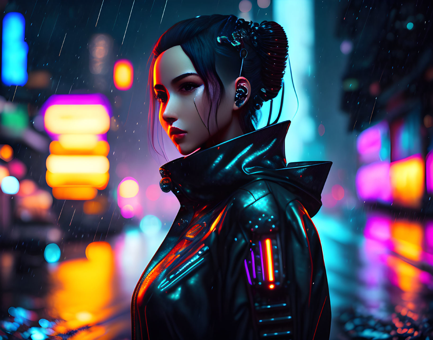 Cybernetic-enhanced woman in neon-lit rain.