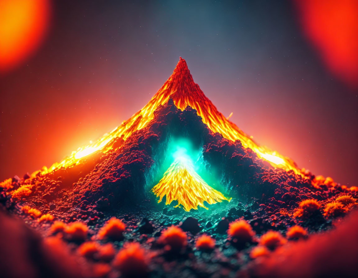 Erupting volcano with glowing lava flows under red and blue sky