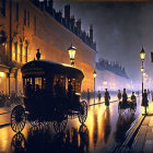 Historic street scene: gas lamps, carriage, pedestrians