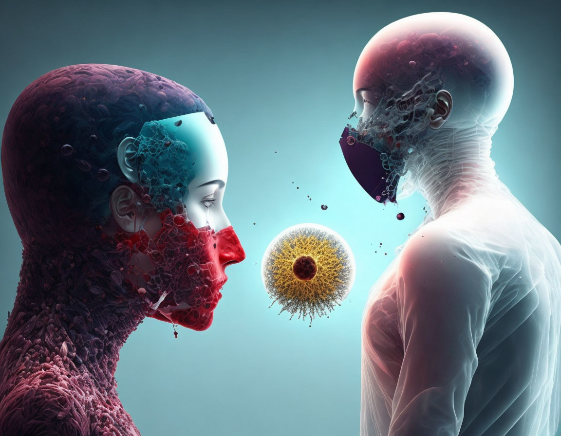 Artistic depiction of two figures with disintegrating heads and viral particle.