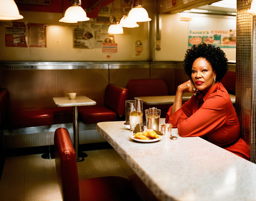 Confident woman in red blouse at retro diner table.