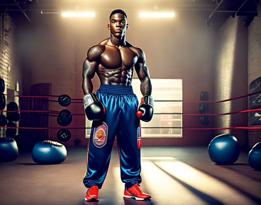 Confident male boxer in gym with gloves, punching bags, blue shorts, red shoes