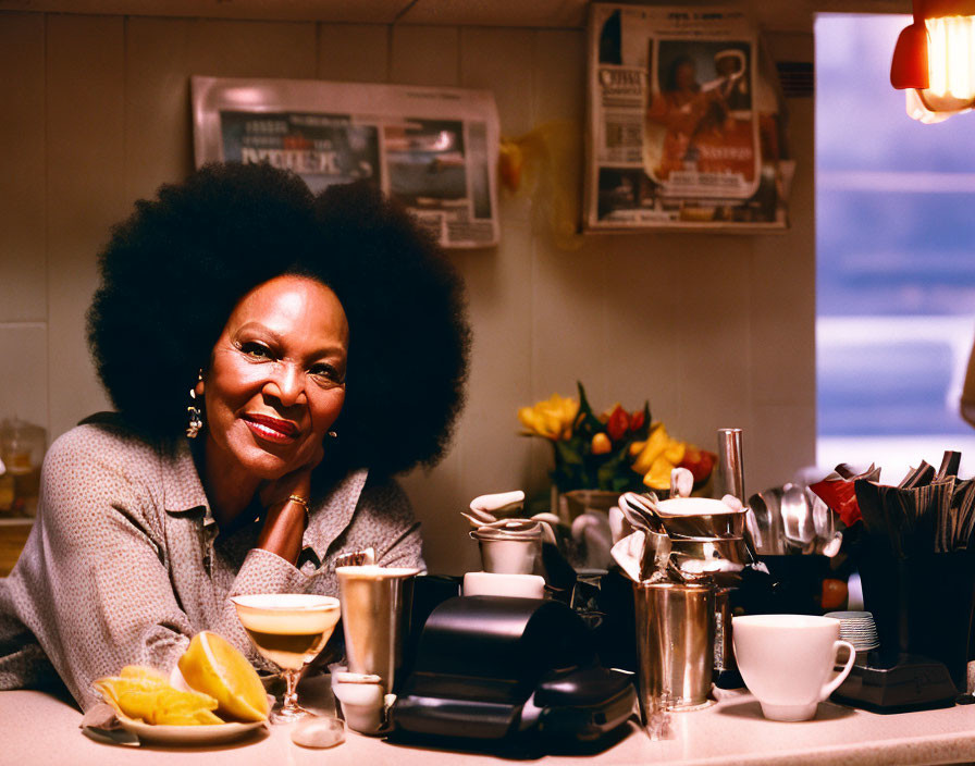 Smiling woman with afro hairstyle at diner counter with newspapers and lemons