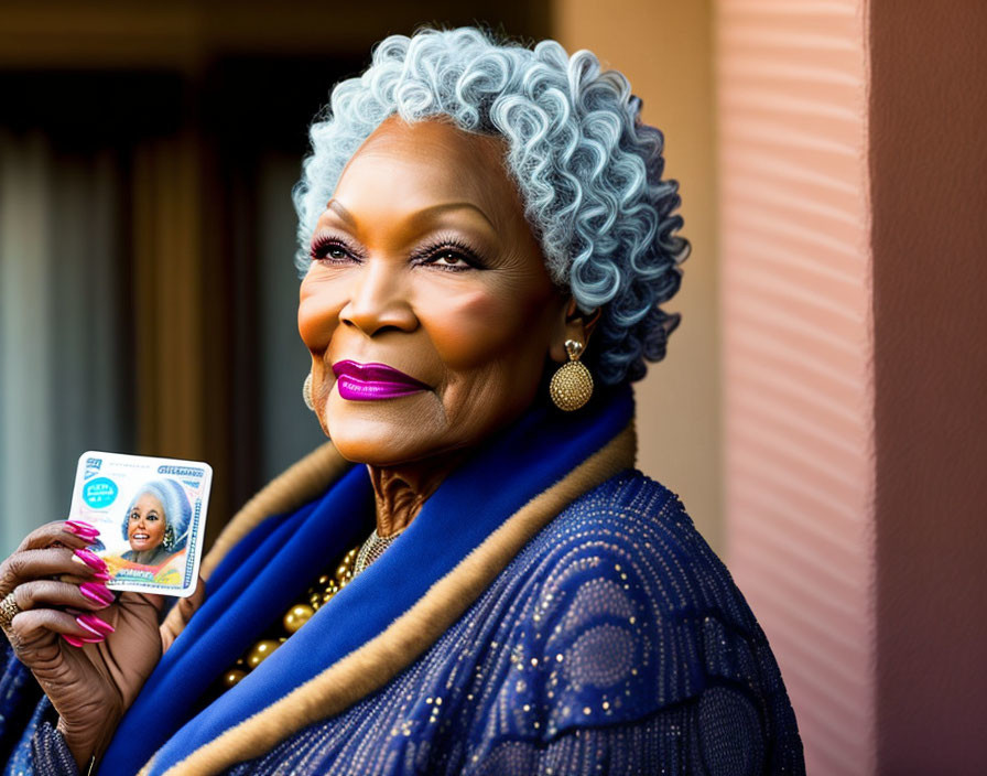 Gray-Haired Elderly Lady Smiling in Blue Outfit