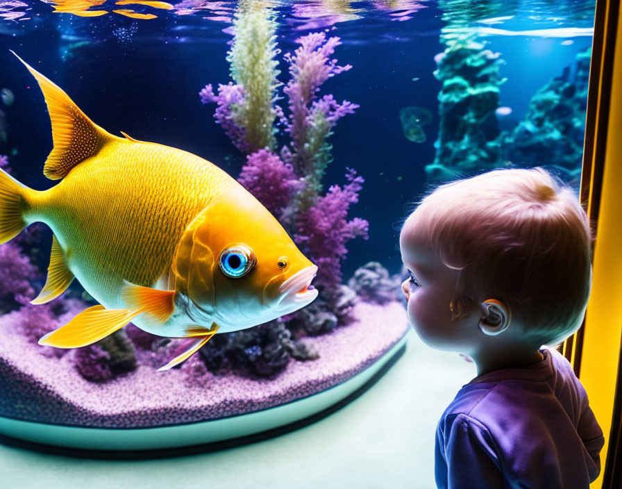 Vibrant aquarium scene with young child and bright orange fish