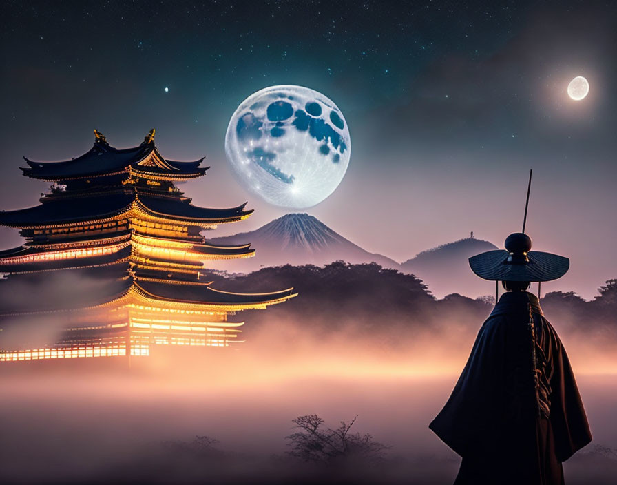 Traditional attire figure gazes at Mount Fuji, pagoda, and oversized moon in mystical landscape