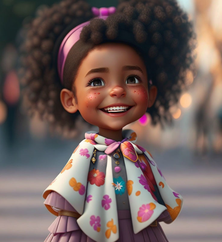 Animated girl with curly hair, purple headband, freckles, floral cape, and dress