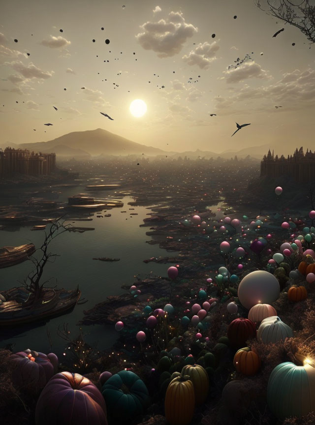 Colorful balloons and birds in surreal sunset cityscape