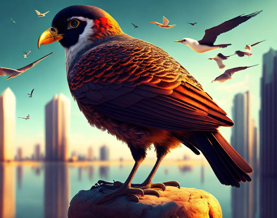 Colorful bird with strong beak on rock amidst flying seagulls and cityscape under warm sky