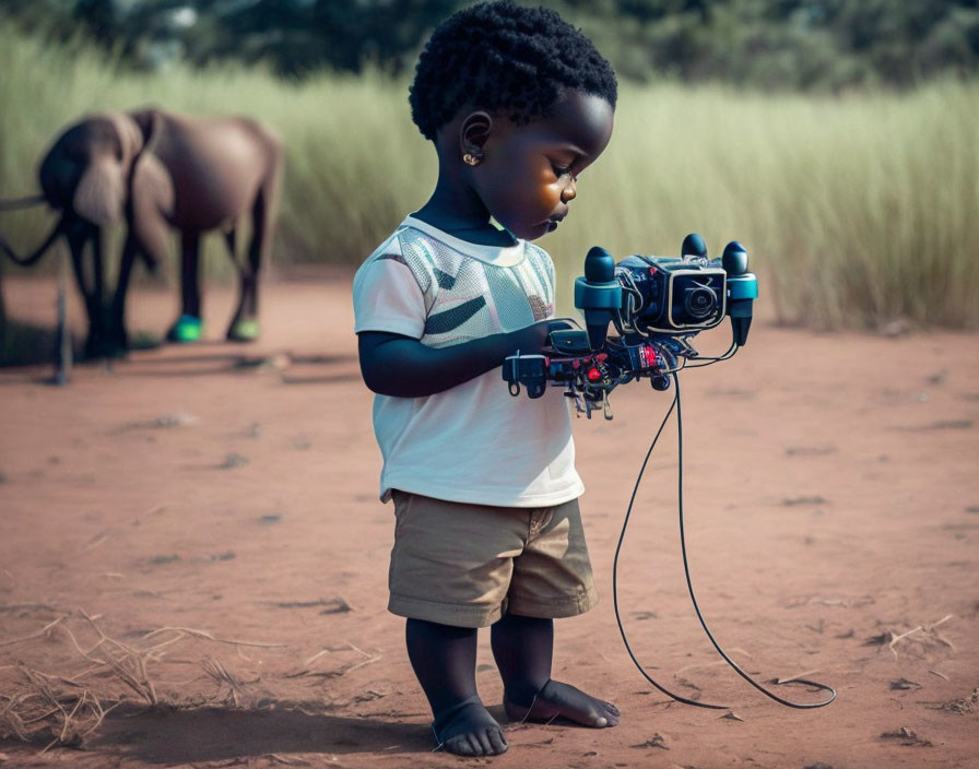 Child operating camera stabilizer with elephant in background