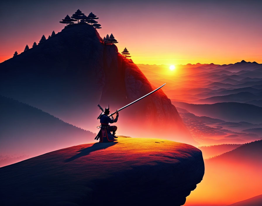 Samurai with drawn sword on cliff at sunrise overlooking misty mountain landscape