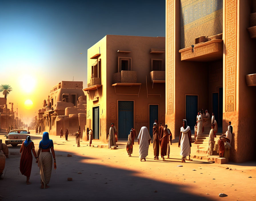 Ancient Middle Eastern street scene at sunset with traditional attire and hieroglyphs.