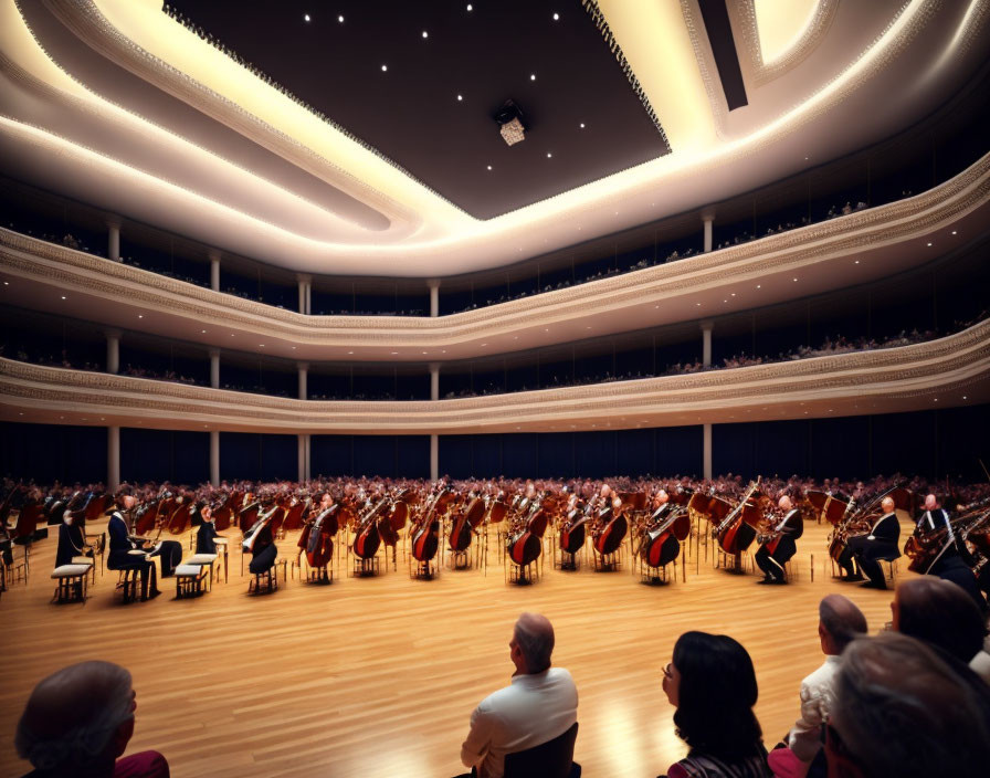 Orchestra performance in modern concert hall with starry ceiling