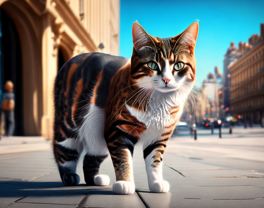 Oversized tabby cat in city street with classical architecture