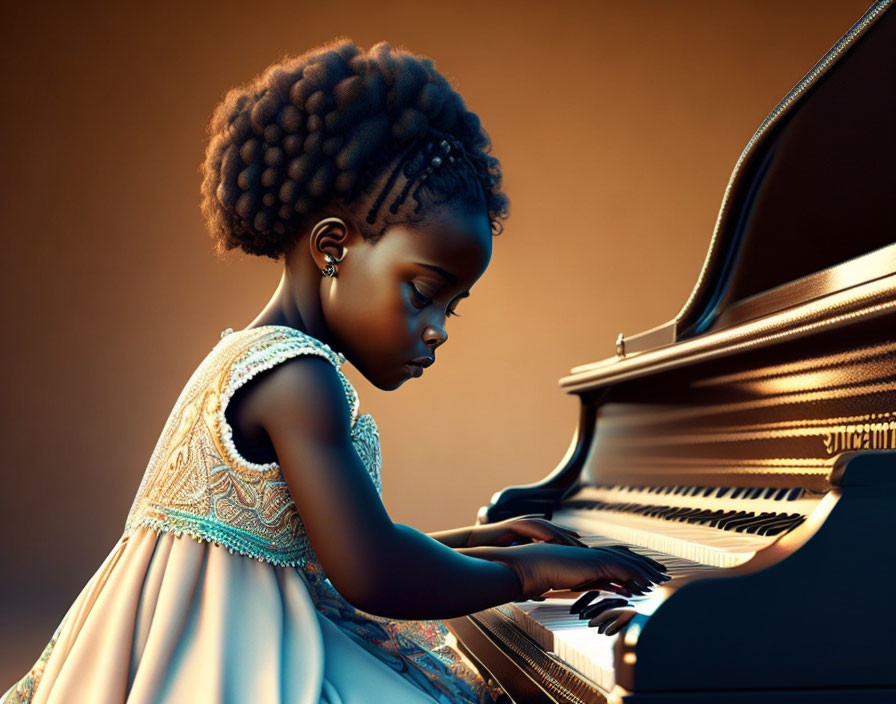 Elaborately Braided Girl Playing Grand Piano in Warm Lighting