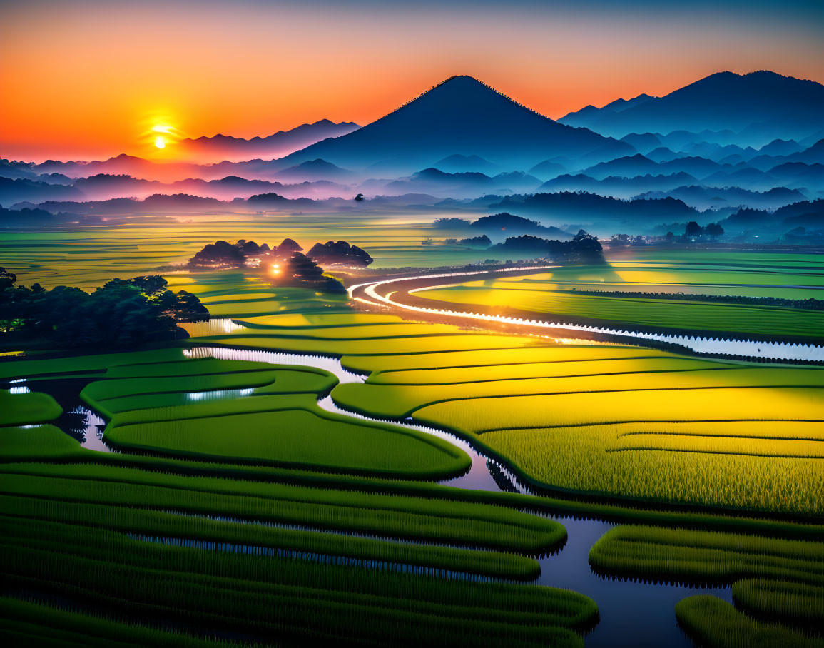 Vibrant green terraced rice fields at sunrise with mountain silhouettes