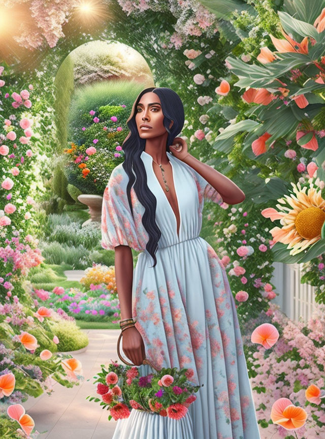 Illustrated woman in floral dress in lush garden with glowing orb