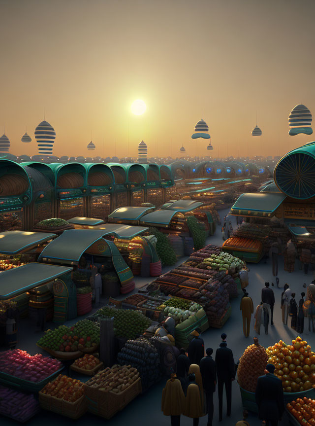 Futuristic marketplace at sunset with colorful produce stalls and silhouetted airships