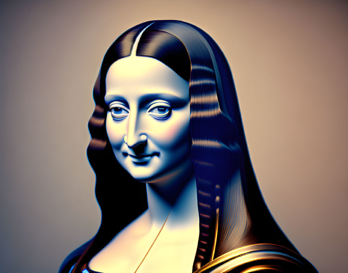 Digitally stylized Mona Lisa with metallic sheen and blue to gold gradient colors.