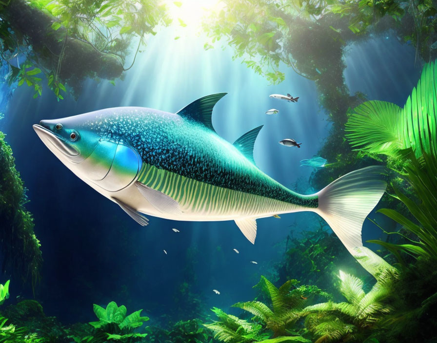 Vibrant underwater forest scene with large blue fish