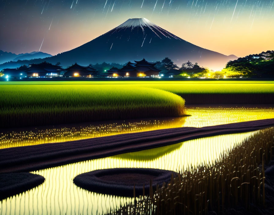 Night scene: Star trails over Mount Fuji & reflected rice terraces with traditional buildings.