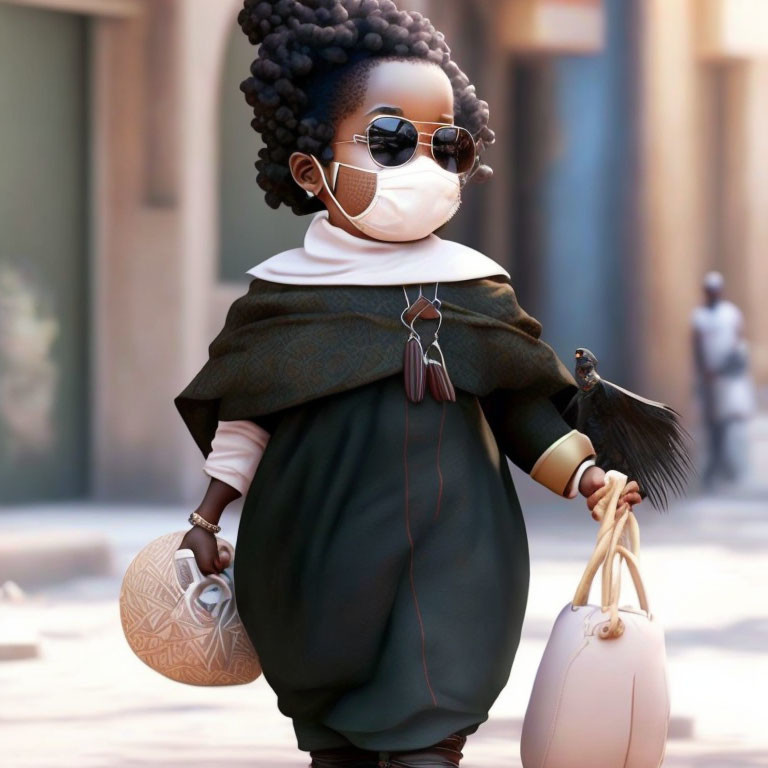 Animated character with voluminous hair, sunglasses, mask, chic outfit, and handbags