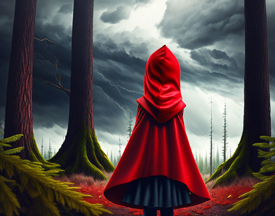 Person in Red Cloak in Dark, Eerie Forest with Stormy Sky