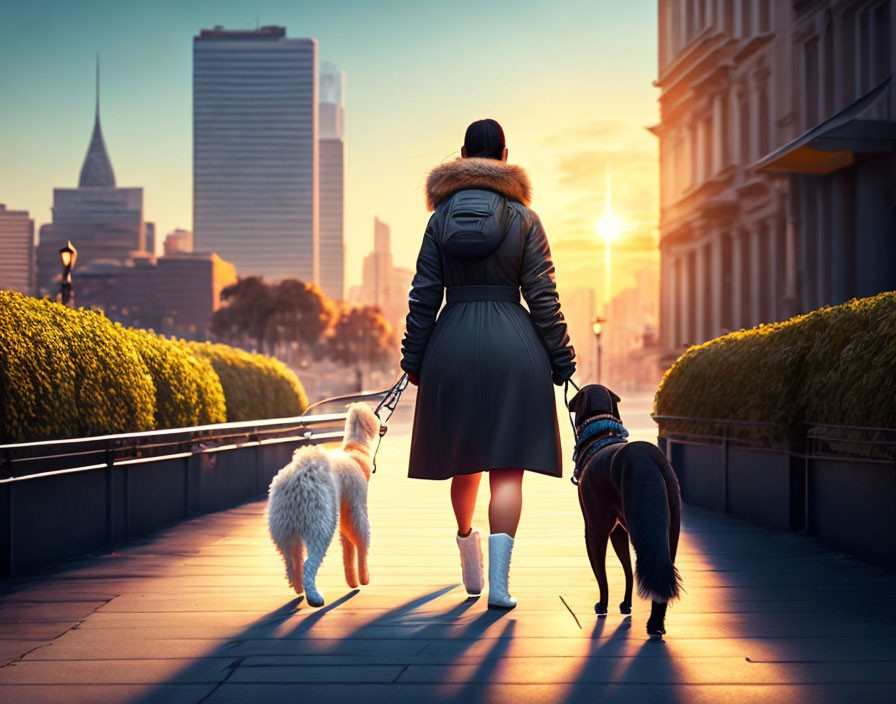 City sidewalk scene: person walking two dogs at sunset with skyscrapers.