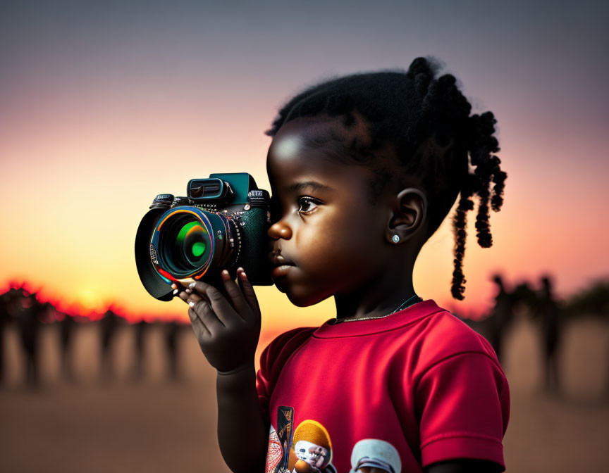 Child with puffs holding camera captures sunset scene