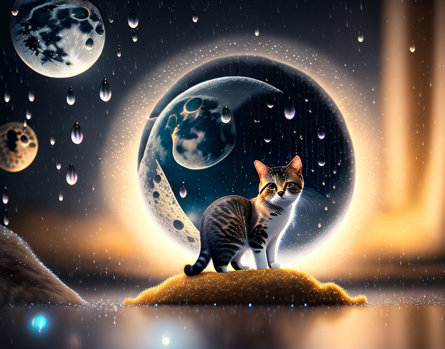 Cat on Mound Under Surreal Sky with Moons & Raindrops