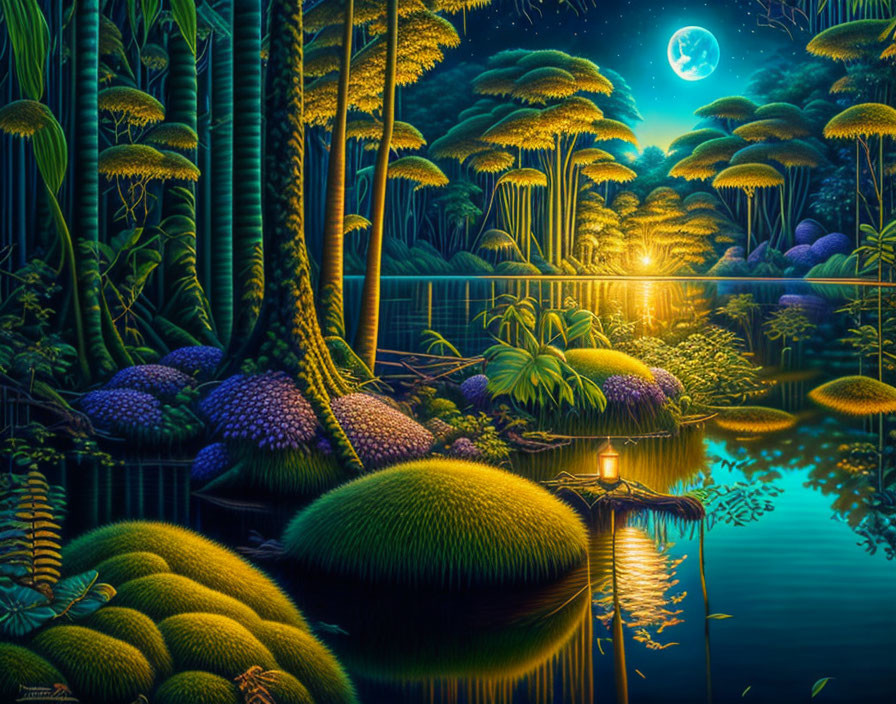 Enchanted moonlit forest with oversized mushrooms and serene water reflection