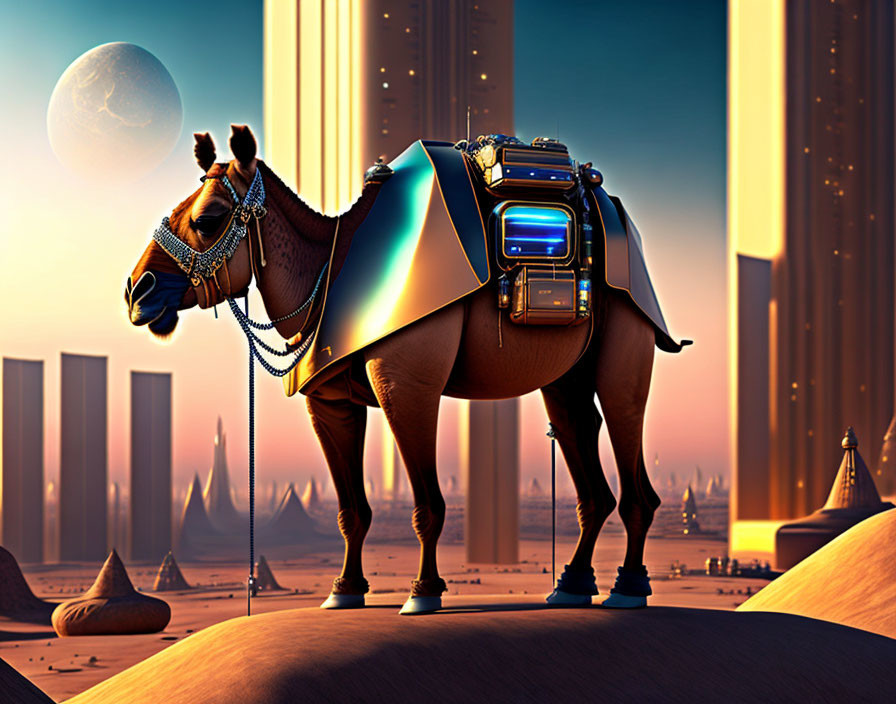 Futuristic camel with metallic saddlebags in alien landscape