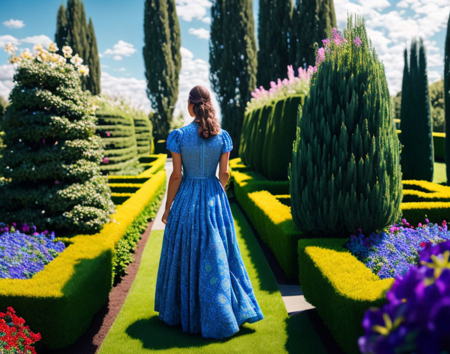 Woman in Blue Dress Surrounded by Flowers and Garden Path