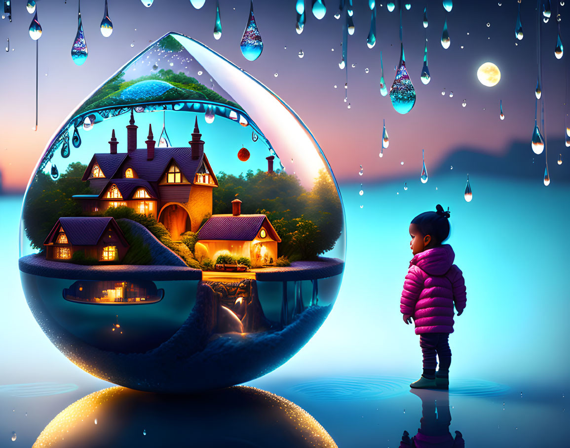 Child in pink jacket admires fantastical terrarium sphere with house and water droplets at twilight