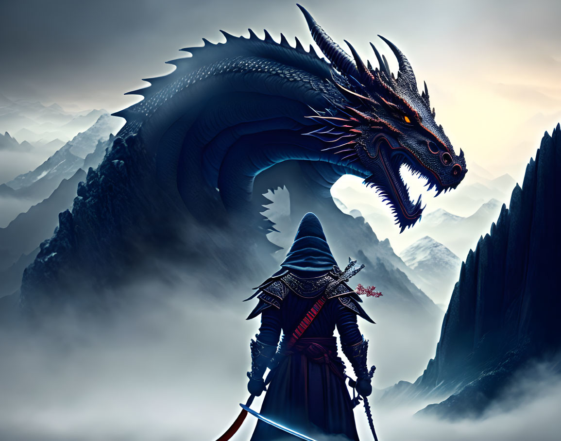 Cloaked figure with sword confronts menacing dragon in misty mountain landscape