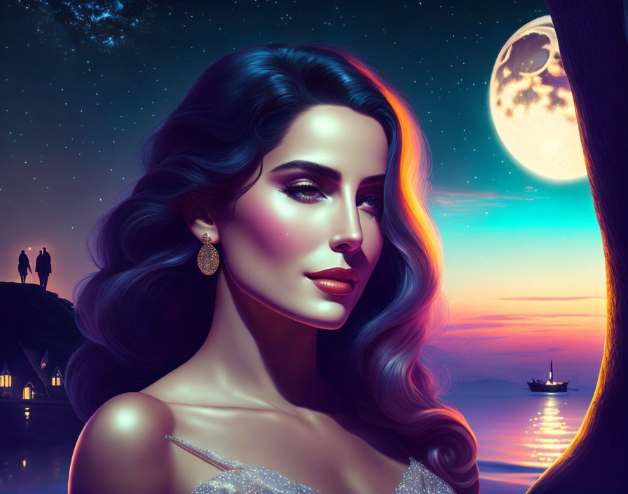 Woman with dark hair under a full moon night sky, stars, couple silhouetted, boat