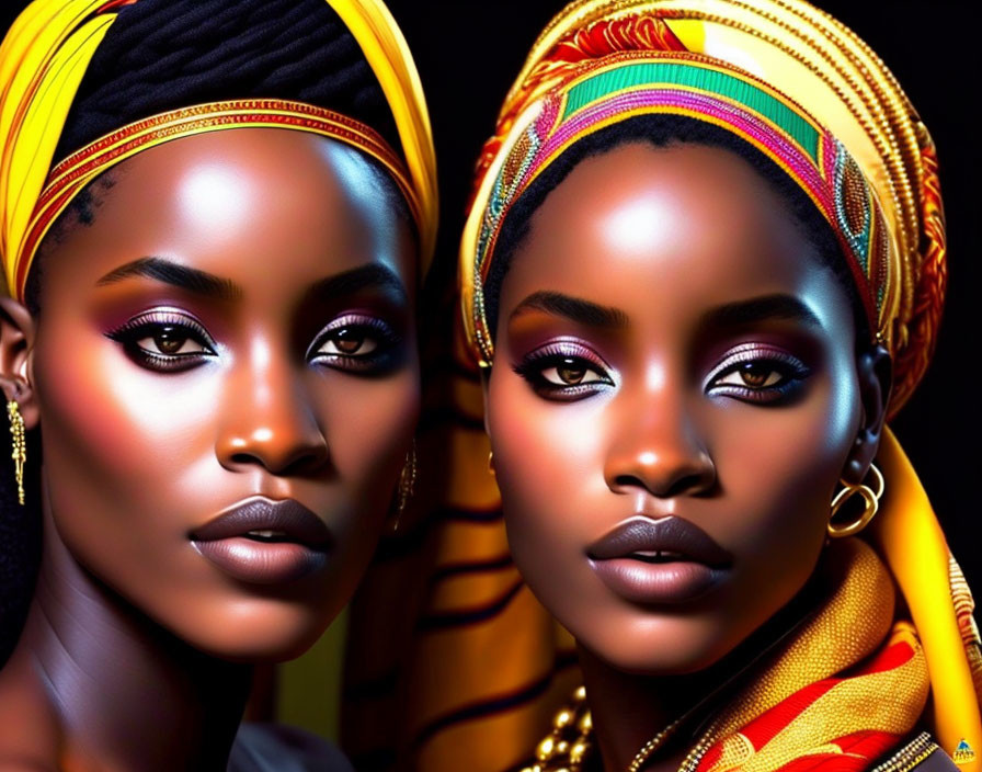 Vibrant makeup and headwraps on two women in dark setting