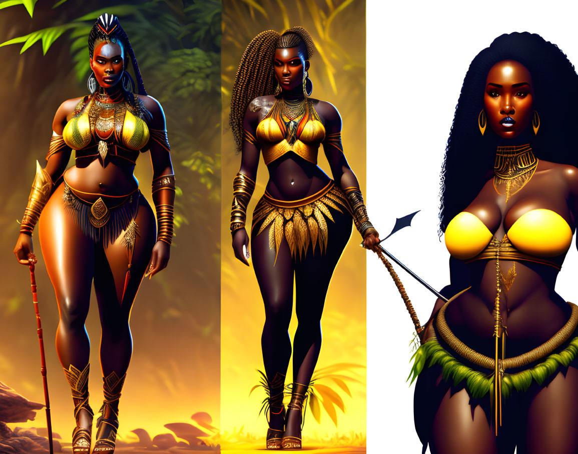 Animated African warrior woman in golden armor, spear, and braided hair poses in jungle.