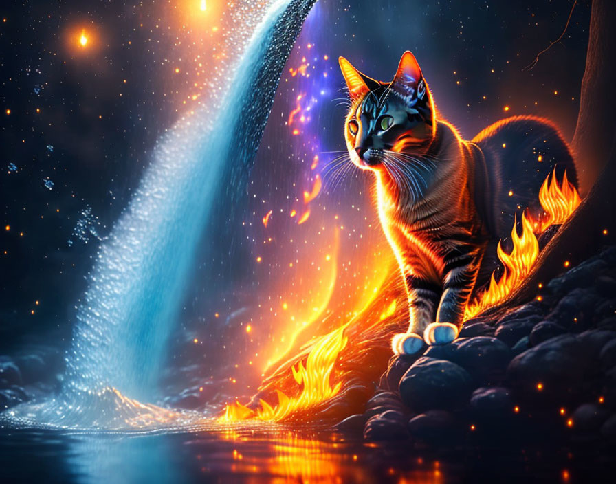 Majestic cat with fiery tails beside glowing river under cosmic sky