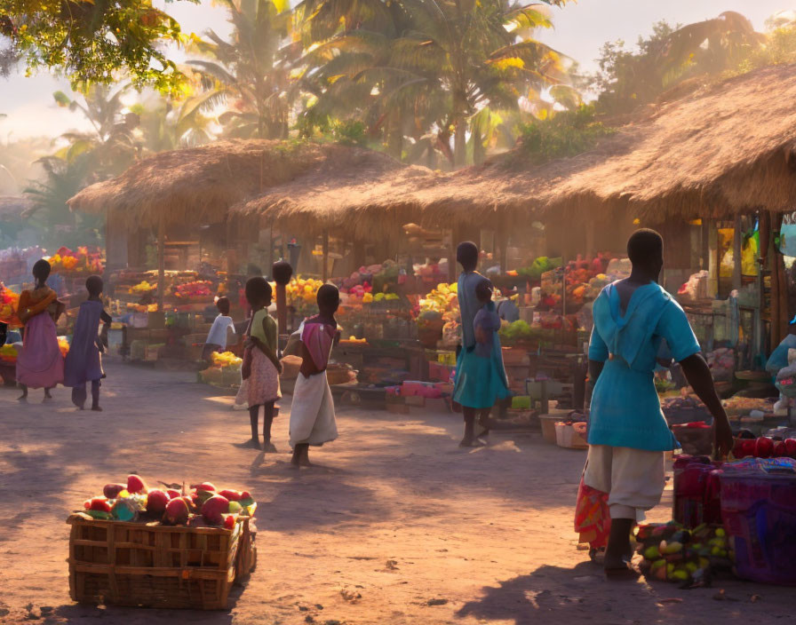 Vibrant outdoor market scene at sunrise with colorful produce and thatched stalls