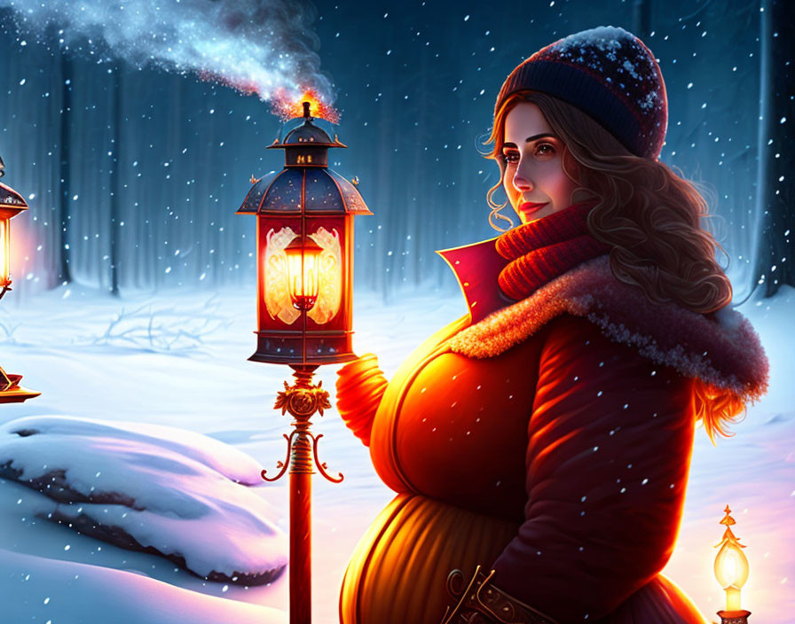 Woman with lantern in snow-covered night landscape with falling snow & glowing lamps.