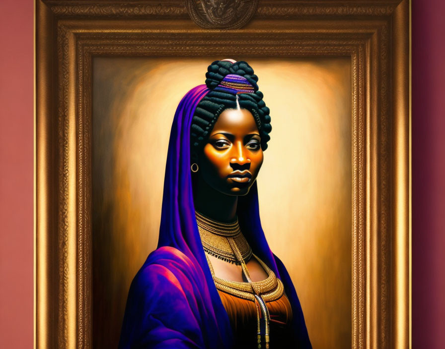 Portrait of woman with blue braids and purple garment in golden frame