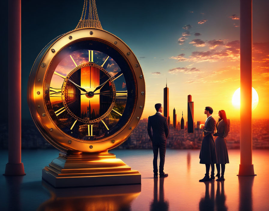 Golden clock with cityscape reflection at sunset observed by two people on platform