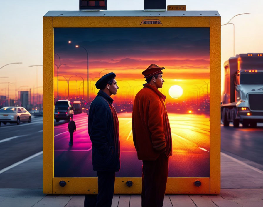 Men in hats in front of illuminated billboard with sunset scene and child on road