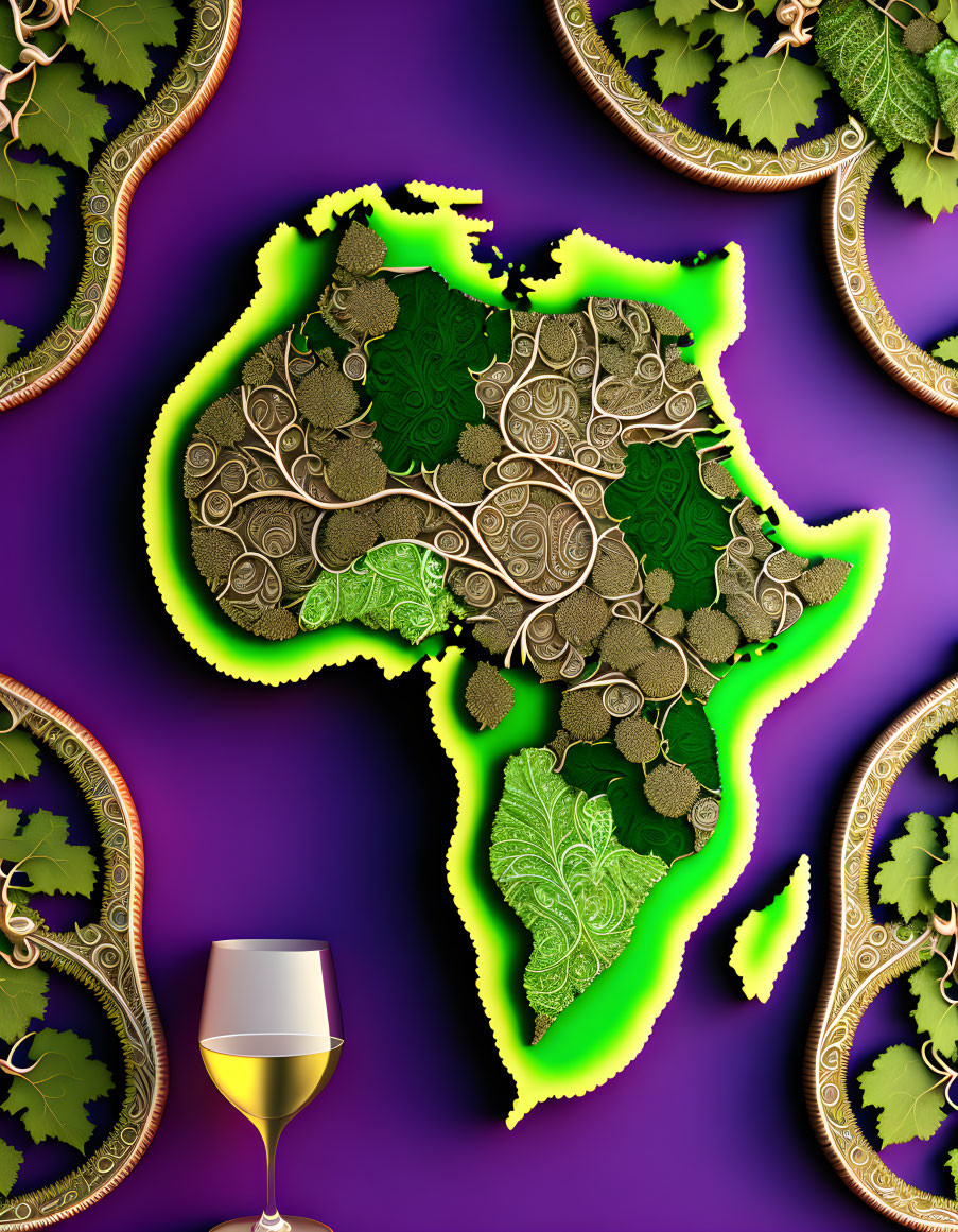 Stylized Africa Map with Green Patterns on Purple Background