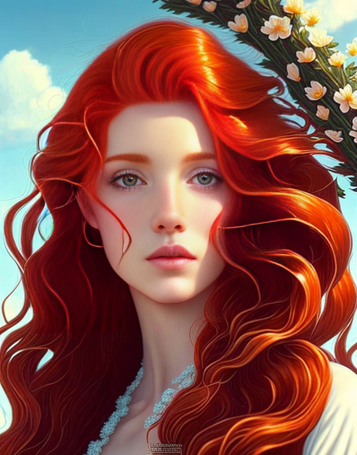 Vibrant red-haired woman in digital portrait with blue eyes and blooming flowers.